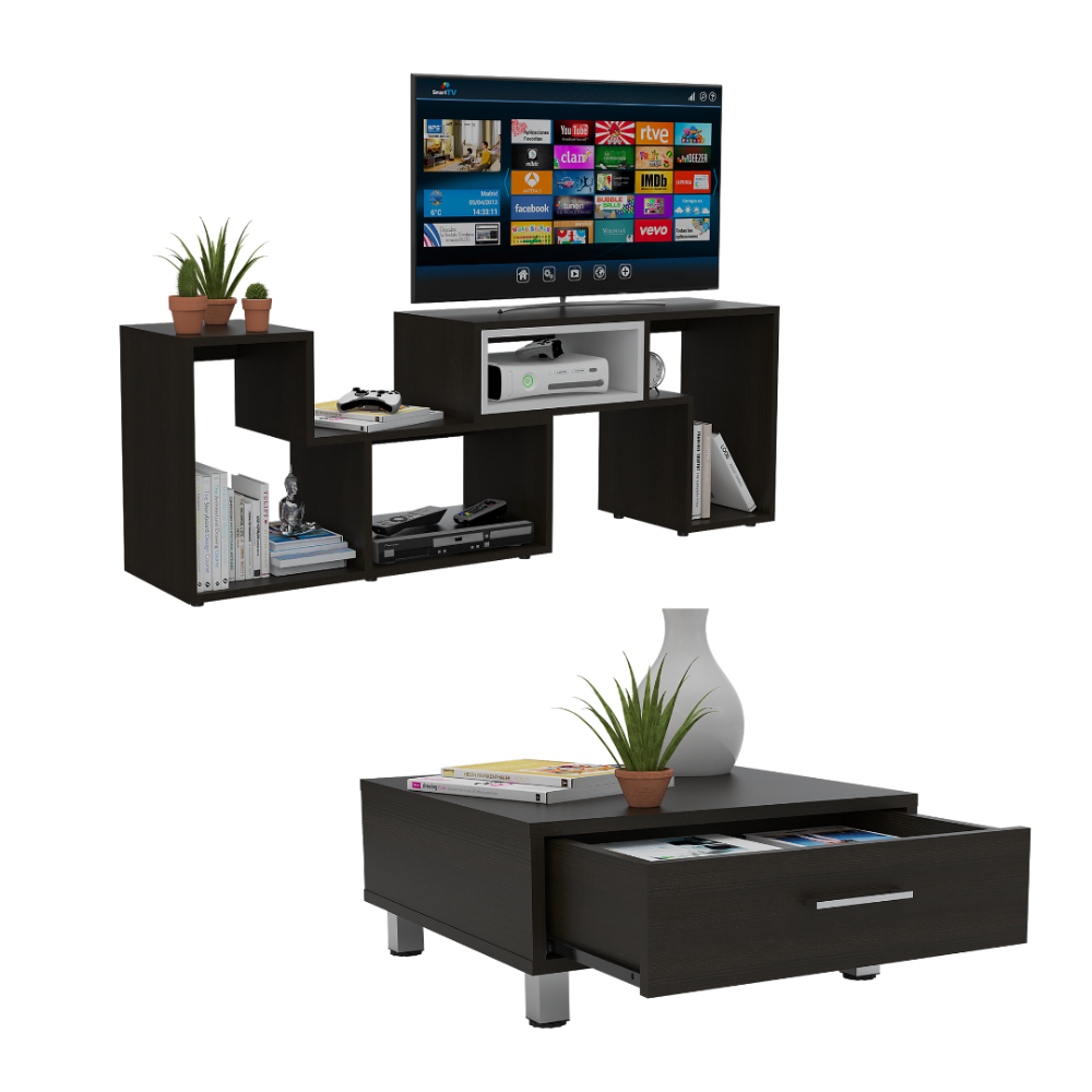 Rack Extensible + Mesa de Centro Beijing Color Wengue y Blanco Para Sala De Estar